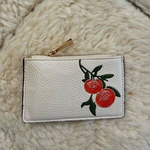 White Leather Card Wallet with Orange Embroidery